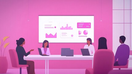 Vector illustration of office workers discussing marketing data, teamwork and success concept