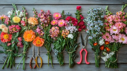 Freshly Cut Colorful Flower Bouquets on Weathered Wood Table