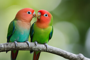 Lovebirds perched closely together on a branch
