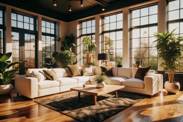 Airy Living Room with White Sofas and Indoor Plants