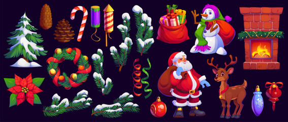 Cartoon Christmas holiday characters and decorations, Santa and snowman with gifts, vector icons. Christmas winter holiday funny cartoon reindeer, tinsel with poinsettia in holly wreath at fireplace