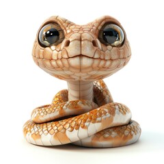 3D illustration of a joyful snake with big eyes and a smile, isolate on white background, front view, gentle lighting, realistic scales and friendly expression