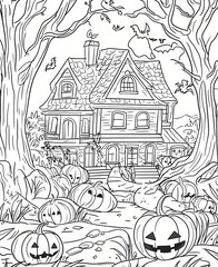 Obraz premium Haunted house with ghosts and pumpkins, Halloween coloring page for kids, cartoon style