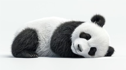 3D illustration of an adorable panda sleeping, isolate on white background, side view, bright lighting, detailed fur and peaceful pose