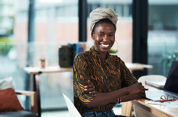Office, desk and portrait of black woman with smile for writing career, confidence and creative...