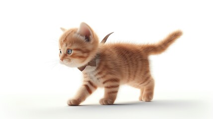 3D illustration of an adorable kitten with a bow, isolate on white background, side view, bright lighting, realistic fur and cute accessory