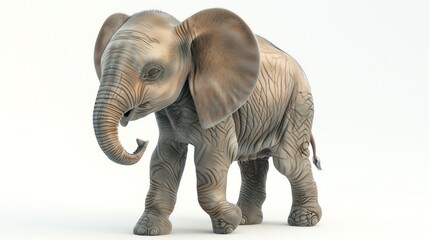 Fototapeta premium 3D illustration of an adorable baby elephant with big ears, isolate on white background, side view, natural lighting, realistic skin and playful pose