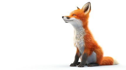 3D illustration of an adorable fox cub sitting and smiling, isolate on white background, side view, natural lighting, realistic fur and playful expression