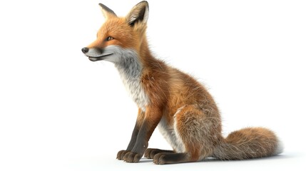 3D illustration of an adorable fox cub sitting and smiling, isolate on white background, side view, natural lighting, realistic fur and playful expression