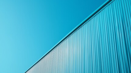Wall of warehouse blue metal building against industrial with blue sky background in perspective view