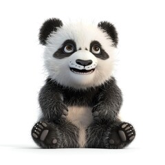 Fototapeta premium 3D illustration of an adorable panda cub sitting and smiling, isolate on white background, front view, gentle lighting, detailed fur and expressive eyes