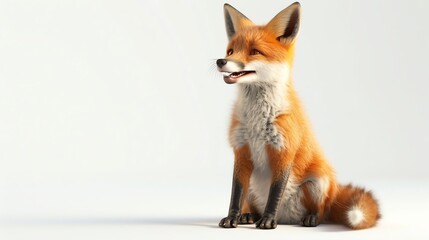 Obraz premium 3D illustration of an adorable fox cub sitting and smiling, isolate on white background, side view, natural lighting, realistic fur and playful expression