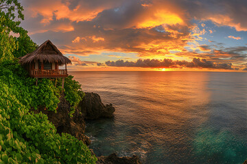 A small wooden cabin with a thatched roof stands on a cliff overlooking the ocean at sunset.