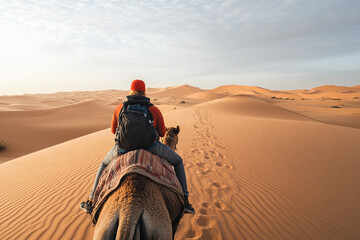 Traveler riding a camel through the desert dunes
