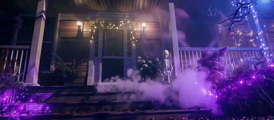 Haunted front porch with purple and white lights, eerie fog, and creepy skeletons for a chilling Halloween effect.