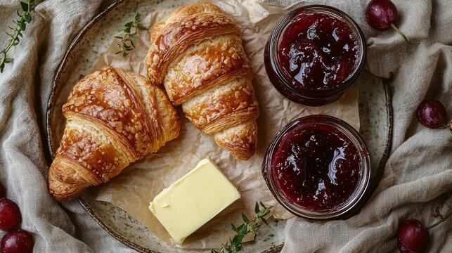 Freshly Baked Croissants with Cherry Jam and Butter on Rustic Tabletop