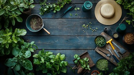 Fresh Herbs and Garden Tools on Rustic Wooden Background