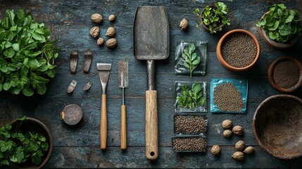 Gardening Tools  Seeds  and Plants on Rustic Wooden Background