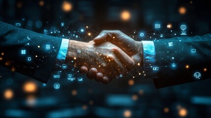 Business professionals in a smart formal suit, shaking hands with each other, with neon hologram illustration of business icons around, connectivity