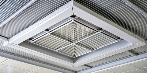 Obraz premium A close-up shot of a white air conditioning ventilation system on a ceiling features metal grating and adjustable