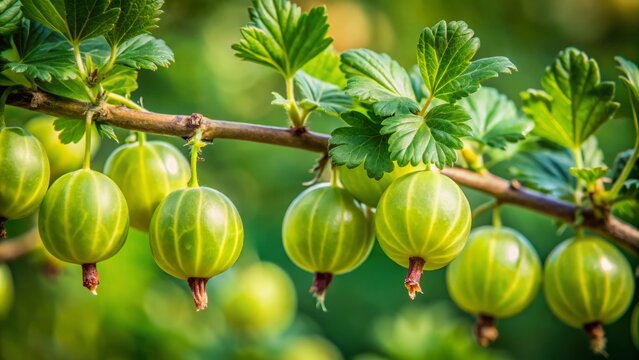 * A cluster of green gooseberries clings to the bush's branches, their unripe sweetness and textured skin the