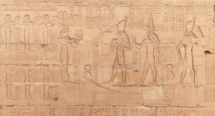 wall Reliefs at the Temple of Edfu at Aswan Egypt.