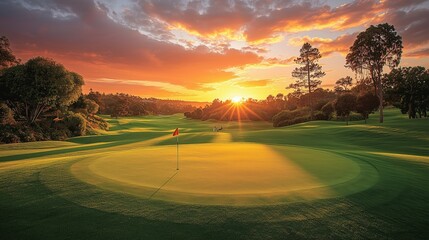 Breathtaking sunset over a serene golf course, highlighting the greens and the golden hues of nature's beauty.