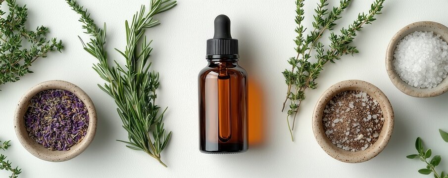 Aromatic herbs and essential oil in a glass dropper bottle on a light background. Perfect for wellness and natural remedies.