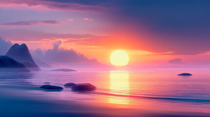 Fototapeta premium Surreal sunset over ocean, pastel hues, distant rock, calm water, ethereal and peaceful scene