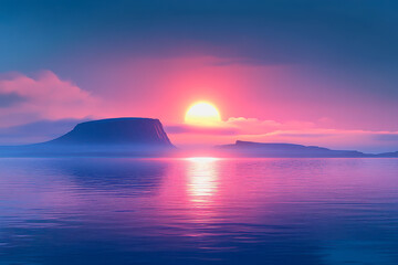 Fototapeta premium Surreal sunset over ocean, pastel hues, distant rock, calm water, ethereal and peaceful scene