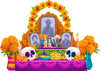 Cartoon day of the dead dia de los muertos mexican ofrenda altar featuring marigold flowers, food, candles, sugar skulls and photos of ancestors symbolizing remembrance, culture, and ancestral respect