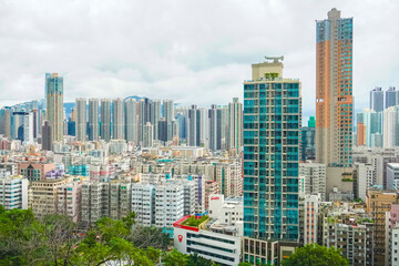 Fototapeta premium The crowded landscape of the apartment and office buildings in the famous residential area of Sham Shui Po, Hong Kong