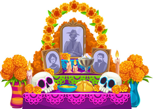 Cartoon day of the dead dia de los muertos mexican ofrenda altar featuring marigold flowers, food, candles, sugar skulls and photos of ancestors symbolizing remembrance, culture, and ancestral respect