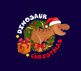 Christmas dinosaur greetings, T-rex in Santa hat with gifts for winter holiday, cartoon vector. Funny T-rex tyrannosaurus as Santa in Christmas tree wreath and pine cones with golden bell and ribbon