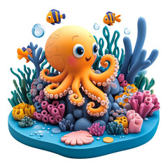 Vibrant Underwater Scene Featuring Cartoon Octopus in Coral Reef