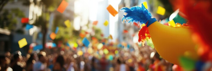 Obraz premium A vibrant street parade filled with colorful balloons and confetti attracts a lively crowd, celebrating with joy and excitement in a festive urban setting.