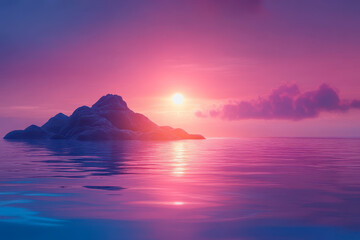 Fototapeta premium Surreal sunset over ocean, pastel hues, distant rock, calm water, ethereal and peaceful scene