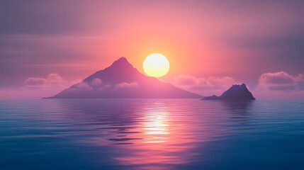 Glowing sun sets over a calm sea with pastel pink and blue hues, distant mountains in view