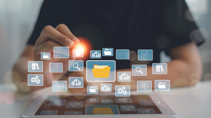 Document Management System (DMS), online documentation database and process automation to efficiently manage files, knowledge and documentation in enterprise with ERP. Corporate business technology.