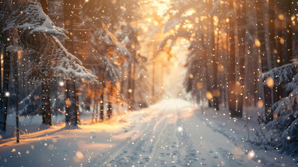 Obraz premium Snowy forest path with snow-covered trees and warm golden sunlight