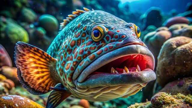 A majestic mero fish reclines on the rocky seabed, its iridescent scales shimmering in shades of blue and