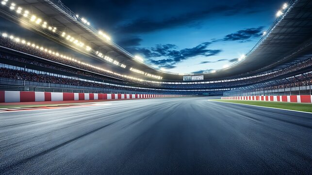 Empty Race Track with Bleachers and Lights at Night
