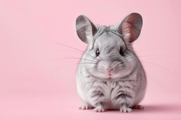 Cute grey chinchilla on a soft pink background. A banner for a pet store, a template for a flyer. Copy space.