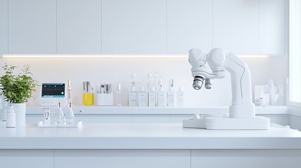 A high-tech biomedical research lab with robotic medical devices and bioluminescent health monitors