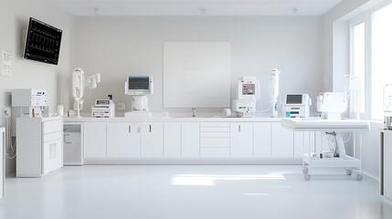 A high-tech biomedical research lab with robotic medical devices and bioluminescent health monitors