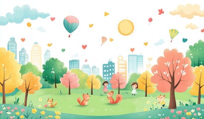 Whimsical Park Day With Squirrels, Kids, and Balloons in Vibrant Colors