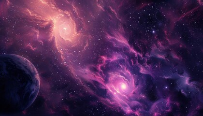 Cosmic Dance of Galaxies, a vibrant tapestry of swirling nebulae and distant stars, revealing the vastness and mystery of the universe in vivid purples and blues.