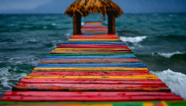 Colorful pier stretching into the ocean under a stormy sky with crashing waves and thatched roof
