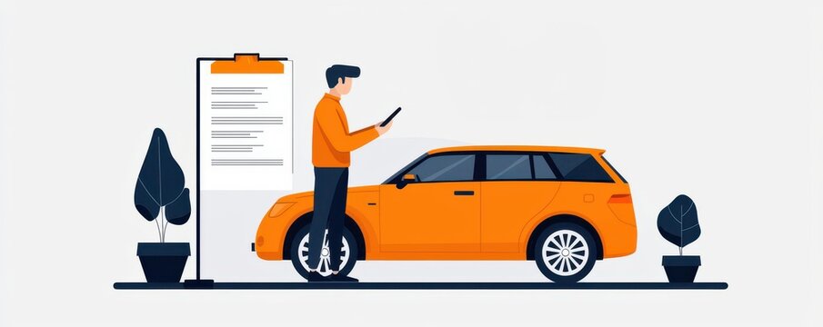 Customer researching car insurance plans, coverage and prices, flat design illustration