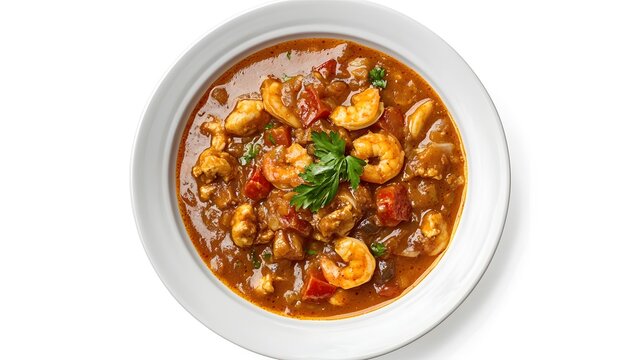 Hearty seafood gumbo with shrimp and vegetables in white bowl